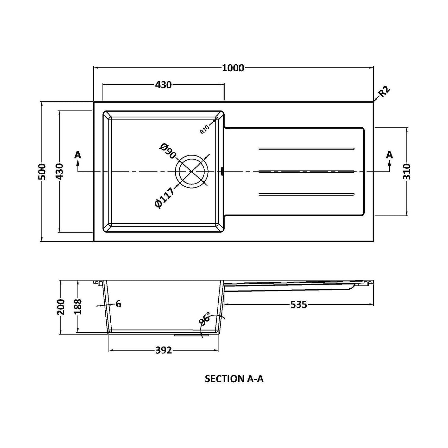 [BKS11050S] 100cm Composite Inset Kitchen Sink with Overflow & Drainer - Available in Multiple Colours - Technical Drawing