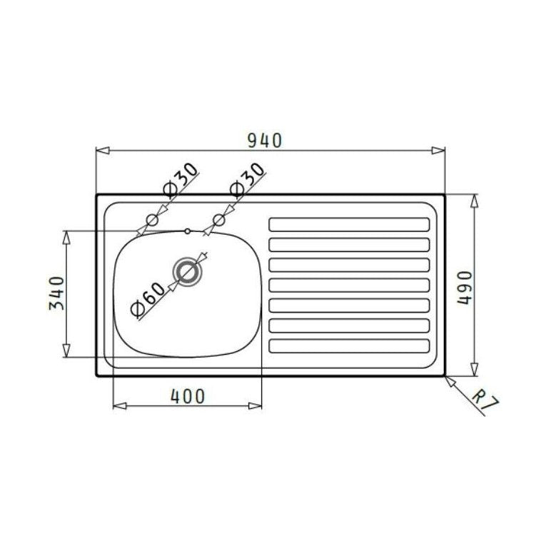 [BKS127201] Contemporary Left Hand Stainless Steel Kitchen Sink, 940 x 490mm - Technical Drawing