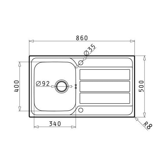 [BKS186601] Contemporary Stainless Steel Kitchen Sink with Drainer, 860 x 500mm - Technical Drawing