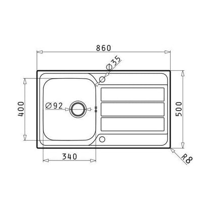 [BKS186601] Contemporary Stainless Steel Kitchen Sink with Drainer, 860 x 500mm - Technical Drawing