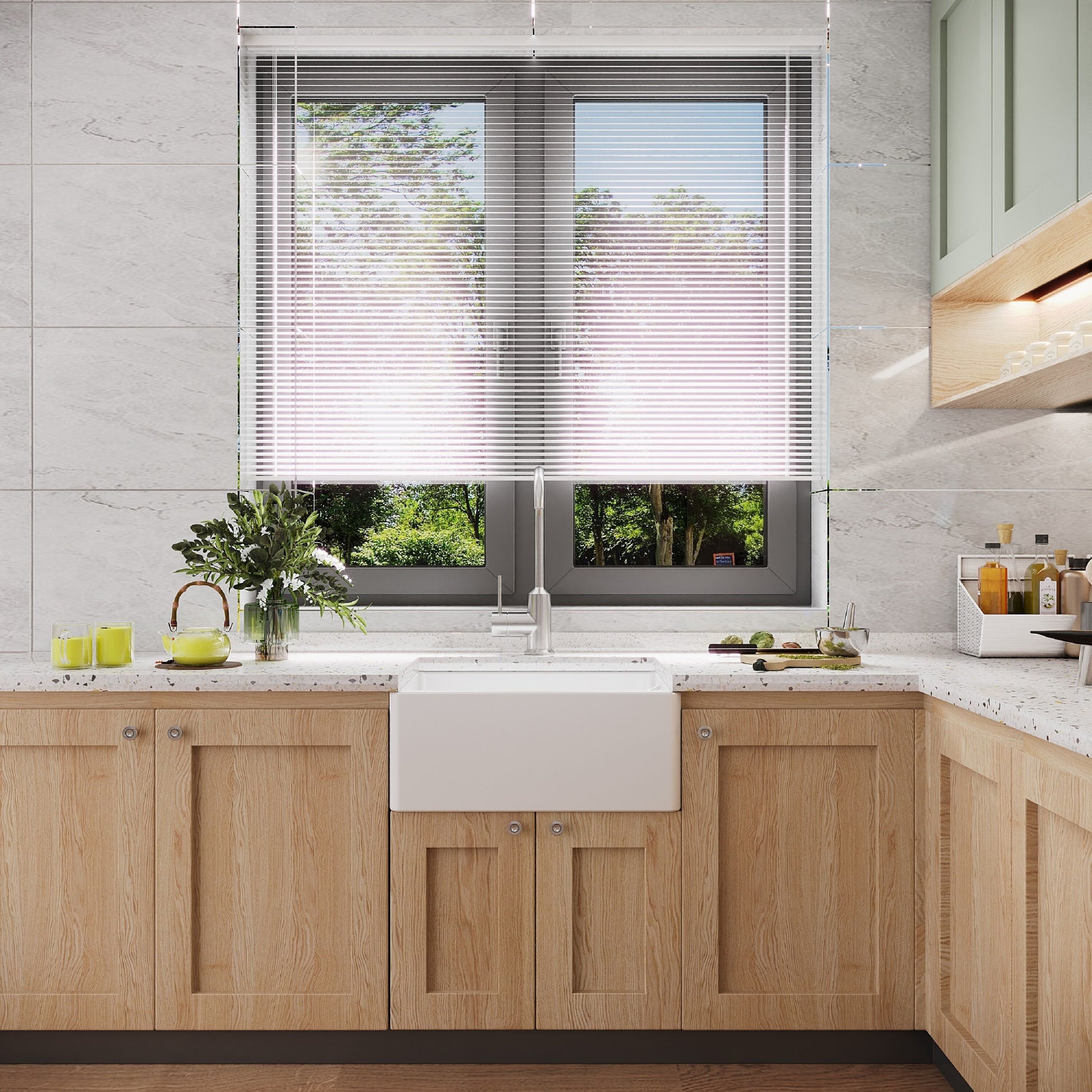 [BKS201W] Single Bowl Fireclay Ceramic Butler Kitchen Sink with Chrome Strainer Waste - 595mm - Lifestyle 1