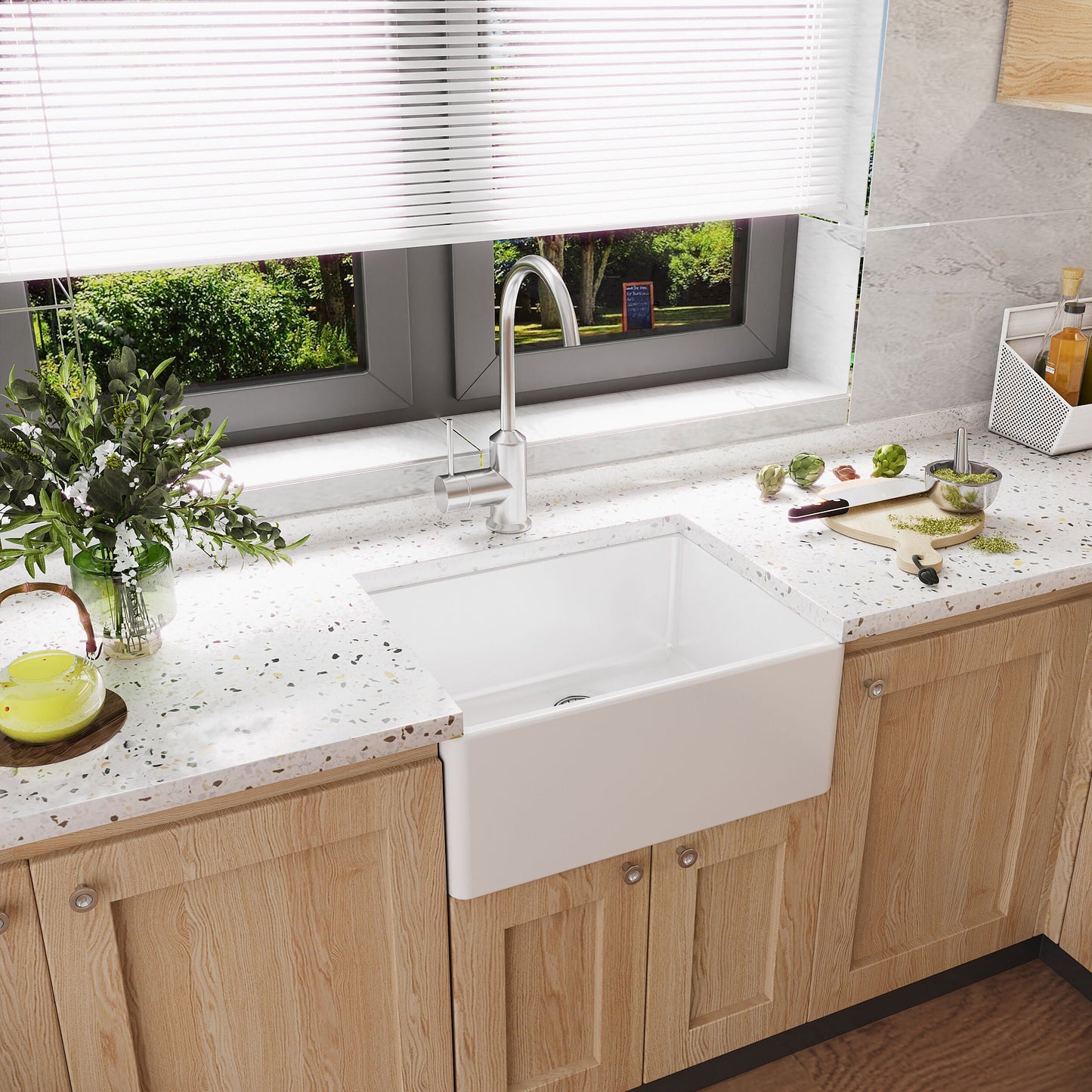 [BKS201W] Single Bowl Fireclay Ceramic Butler Kitchen Sink with Chrome Strainer Waste - 595mm - Lifestyle 3