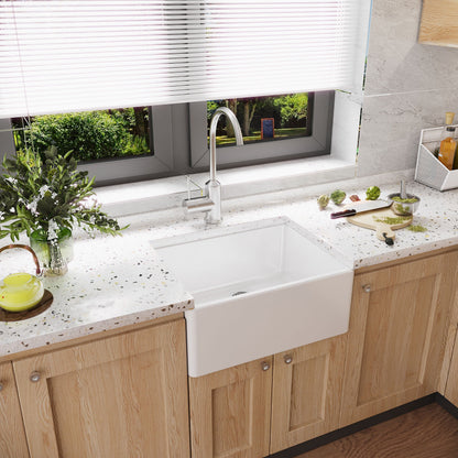 [BKS201W] Single Bowl Fireclay Ceramic Butler Kitchen Sink with Chrome Strainer Waste - 595mm - Lifestyle 3