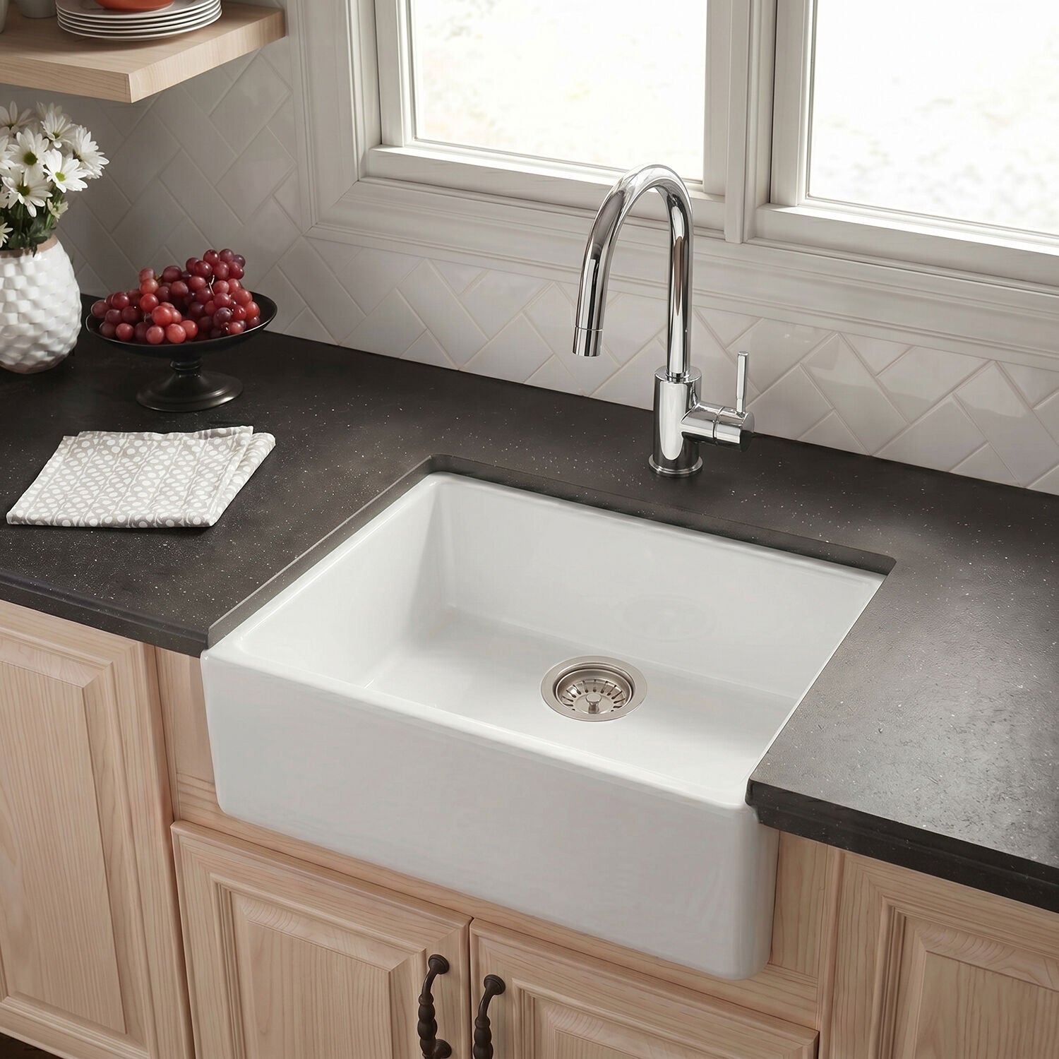 [BKS201W] 595mm - Single Bowl Fireclay Butler Kitchen Sink  -  Chrome Strainer Waste - Silo