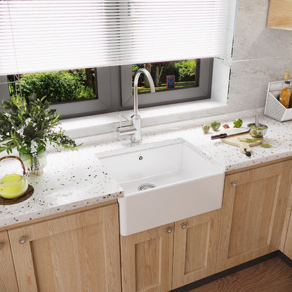[BKS202W] Single Bowl Fireclay Ceramic Butler Kitchen Sink with Chrome Basket Strainer Waste with Overflow - 595mm - Lifestyle 3