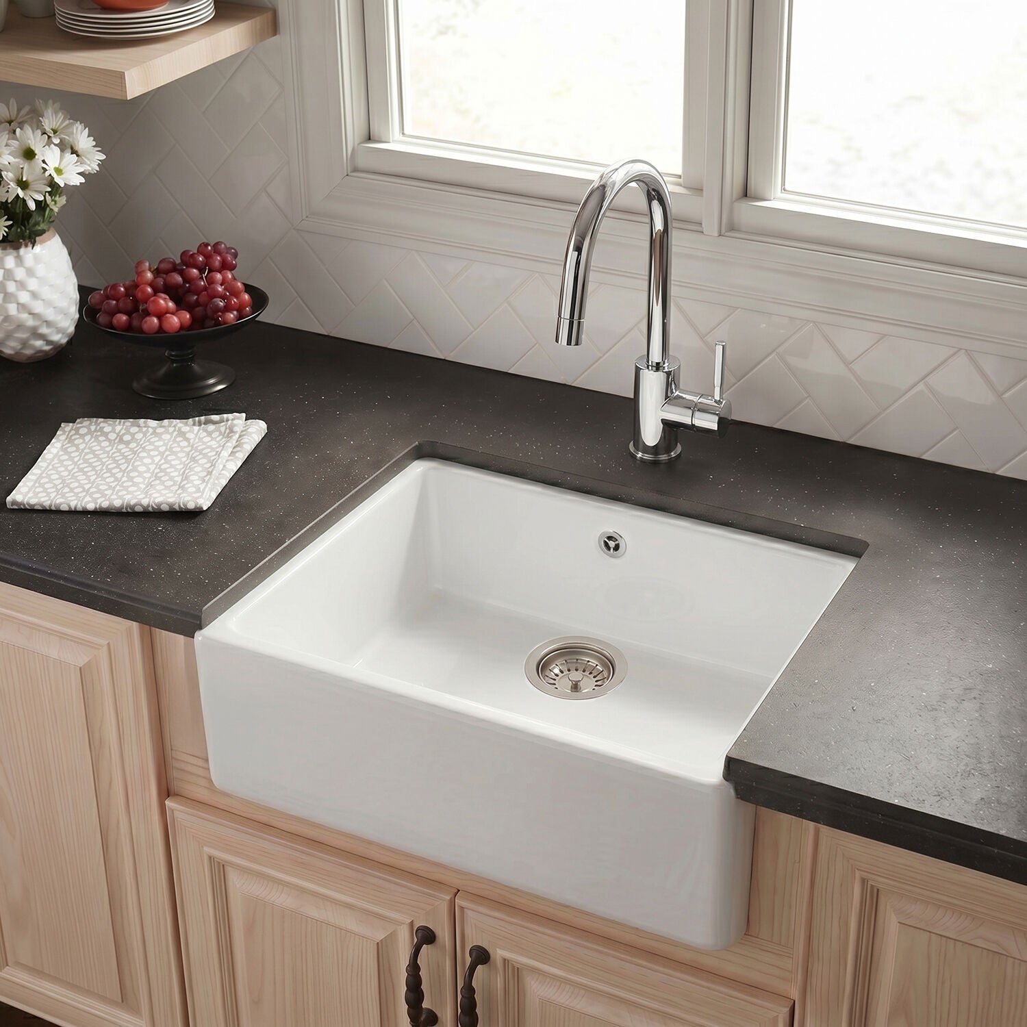 [BKS202W] Single Bowl Fireclay Butler Kitchen Sink with Overflow with Waste - 595mm - Silo