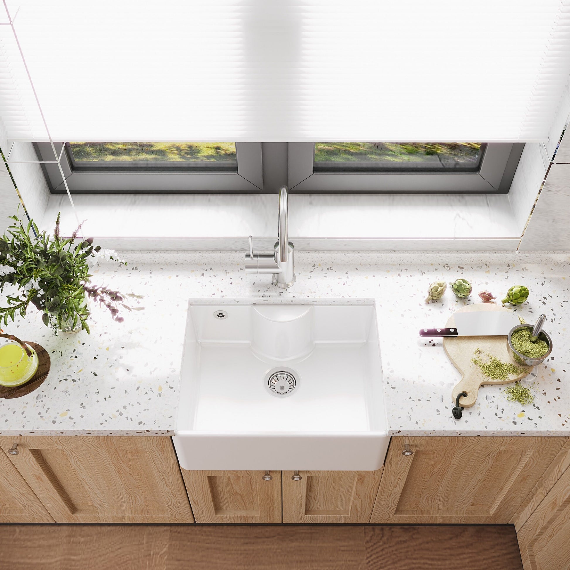 [BKS204W] Single Bowl Fireclay Ceramic Butler Kitchen Sink with Ledge , Overflow & Waste - Lifestyle 2