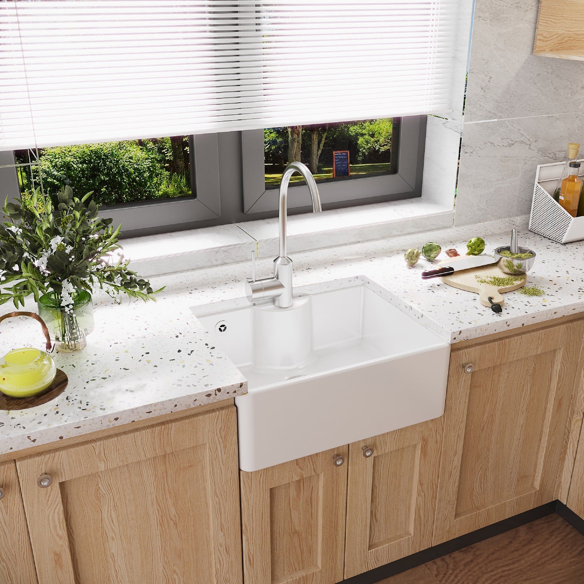 [BKS205W] Single Bowl Fireclay Ceramic Butler Kitchen Sink with Overflow and Tap Ledge with Tap Hole and Chrome Basket Strainer Waste with Overflow - 595mm - Lifestyle 3