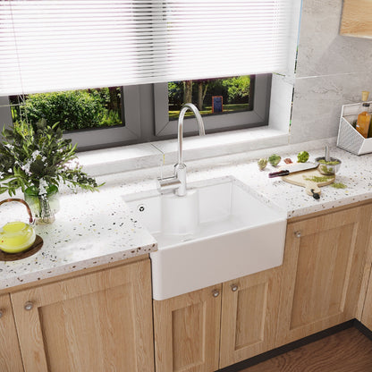[BKS205W] Single Bowl Fireclay Ceramic Butler Kitchen Sink with Overflow and Tap Ledge with Tap Hole and Chrome Basket Strainer Waste with Overflow - 595mm - Lifestyle 3