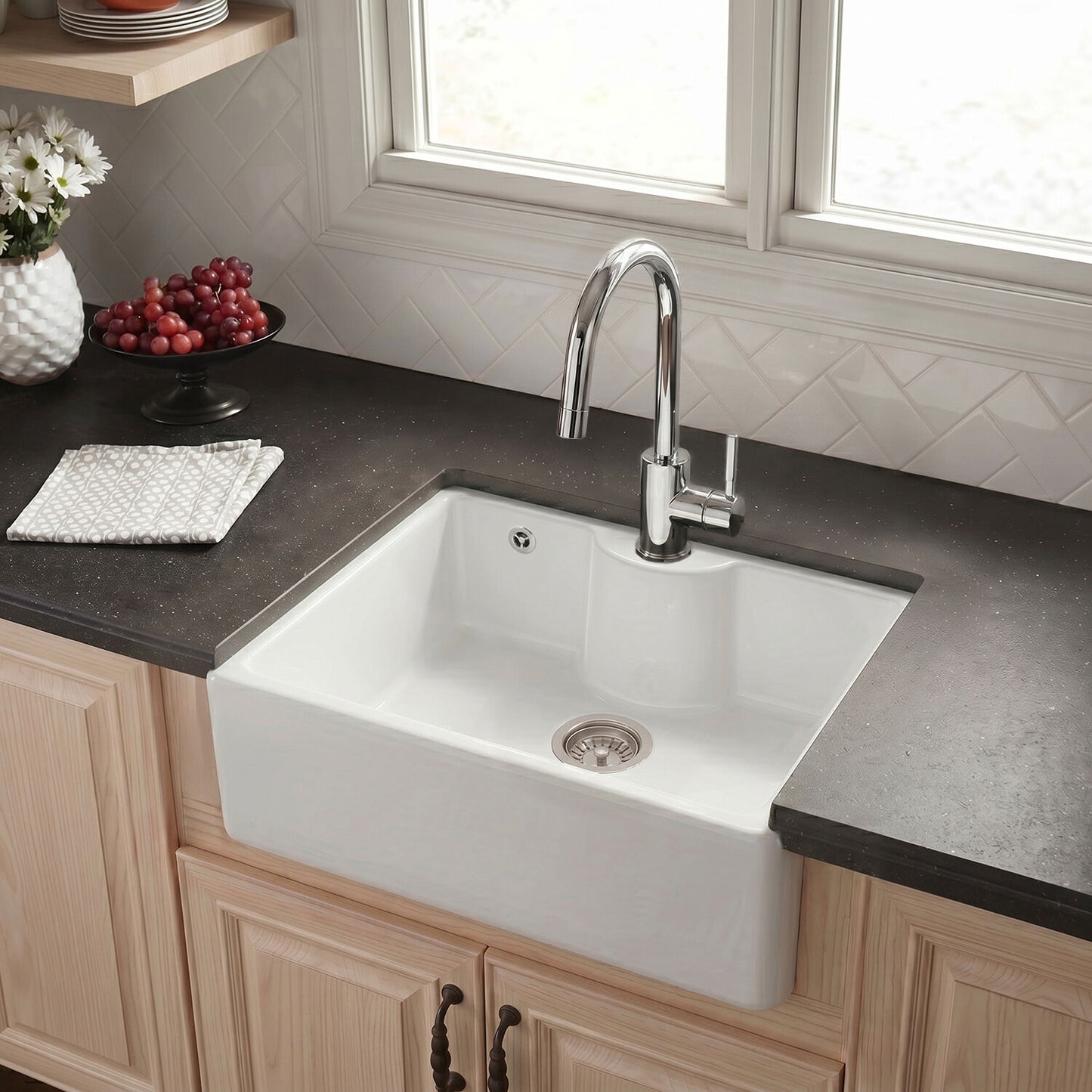 [BKS205W] 595mm - 1 Bowl Fireclay Butler Kitchen Sink - Tap Ledge, Hole, Overflow & Waste - Silo