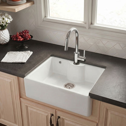 [BKS205W] 595mm - 1 Bowl Fireclay Butler Kitchen Sink - Tap Ledge, Hole, Overflow & Waste - Silo