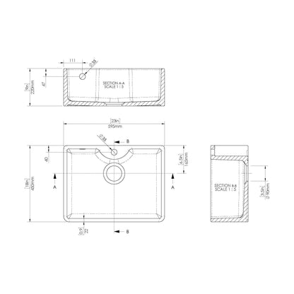 [BKS205] Single Bowl Fireclay Ceramic Butler Kitchen Sink - Variety of Sizes and Features Available - Technical Drawing