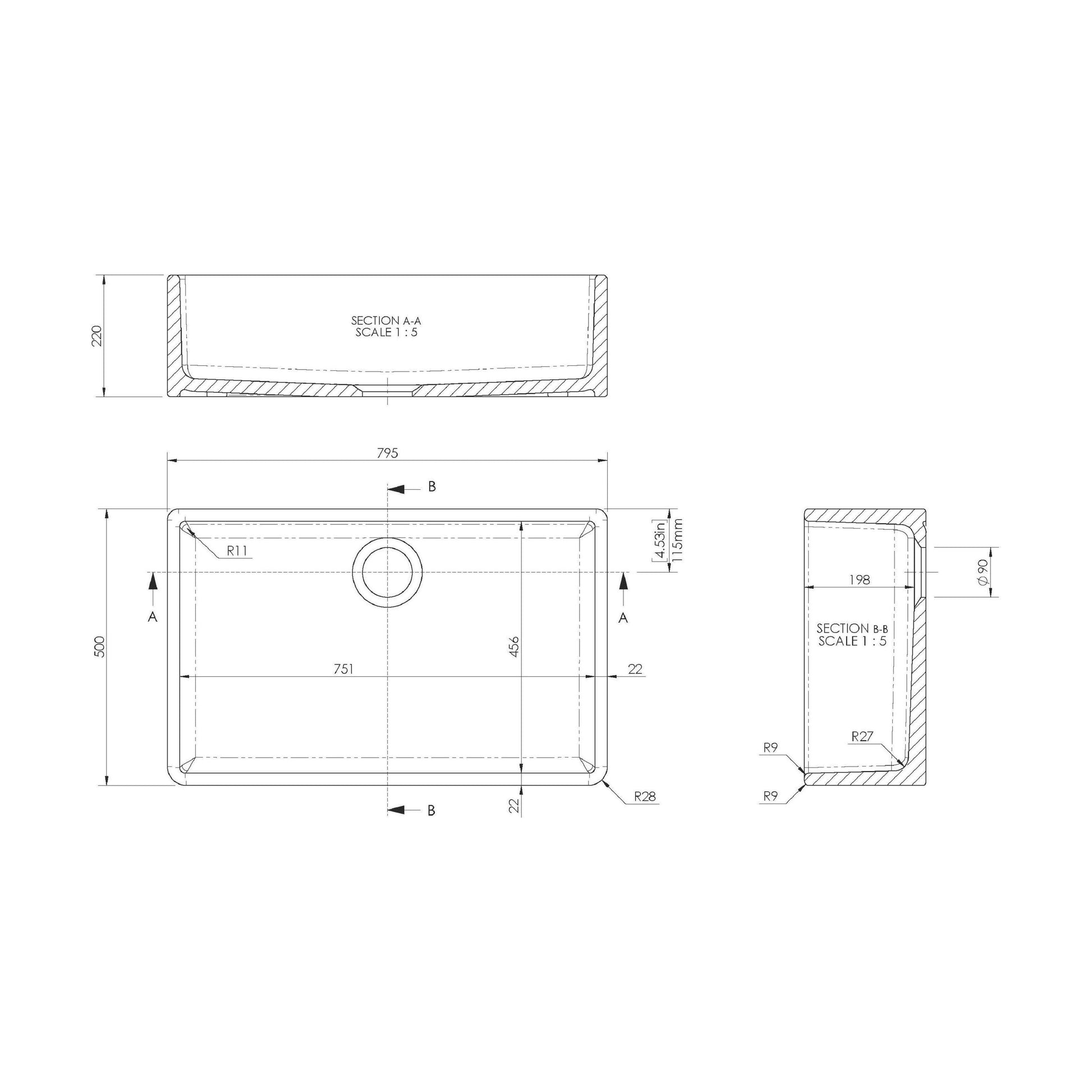 [BKS206WT11] Traditional Fireclay Kitchen Bundle: Single Bowl Butler Sink, Waste & Mono Crosshead Tap, 795mm - Brushed Brass - Technical Drawing