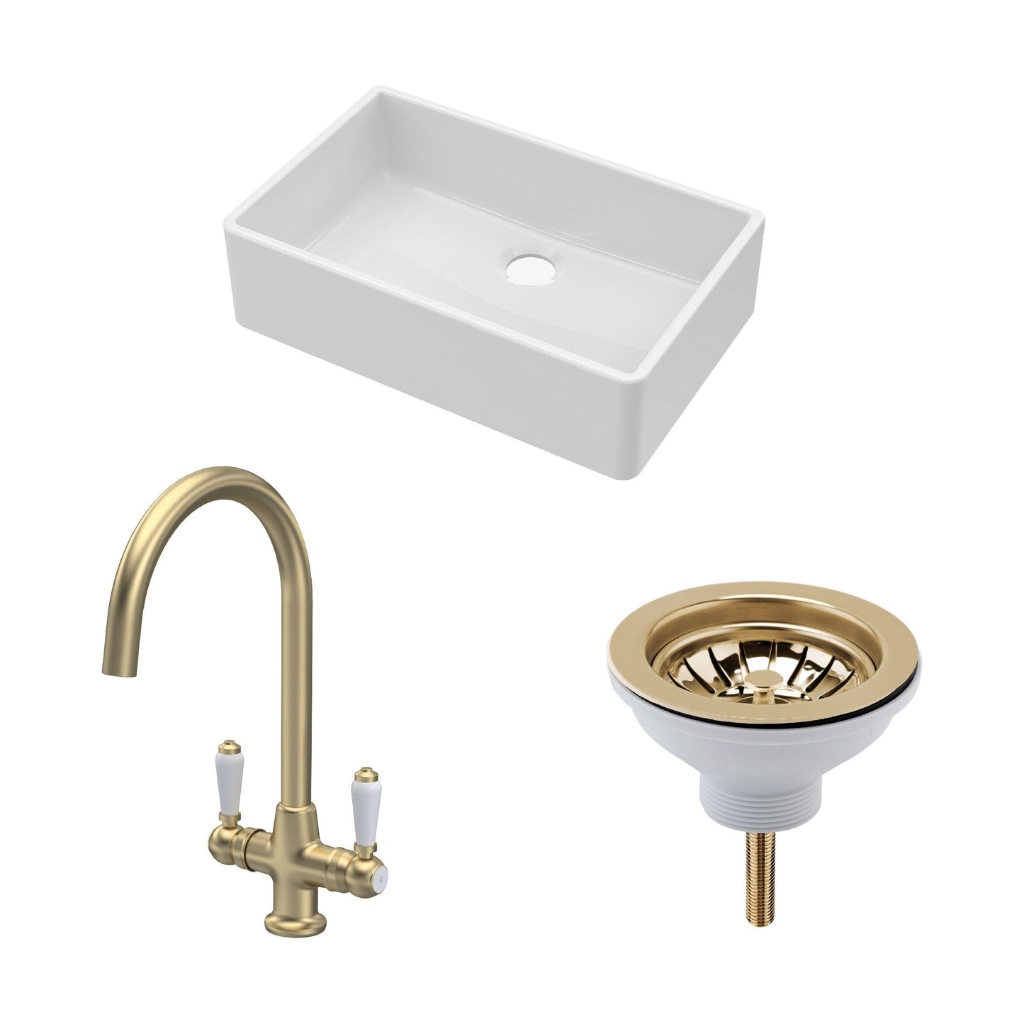 [BKS206WT12] Traditional Fireclay Kitchen Bundle: 1 Bowl Butler Sink, Waste & Mono Lever Handle Tap, 795mm - Brushed Brass - Cutout