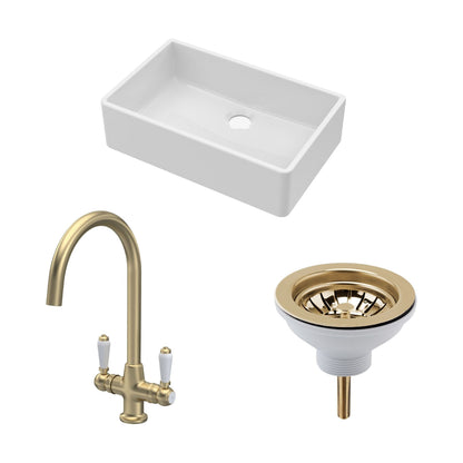 [BKS206WT12] Traditional Fireclay Kitchen Bundle: 1 Bowl Butler Sink, Waste & Mono Lever Handle Tap, 795mm - Brushed Brass - Cutout