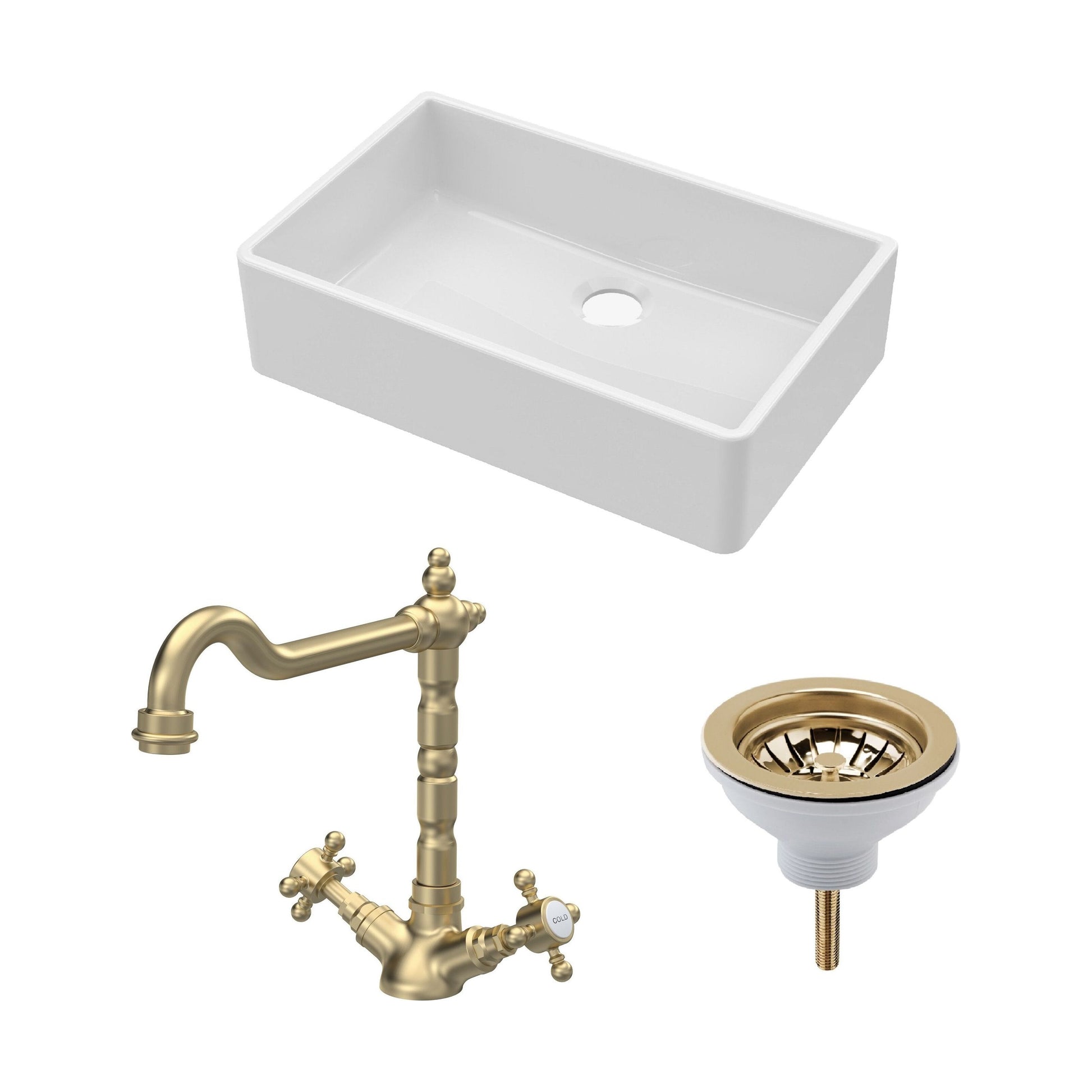 [BKS206WT13] Traditional Fireclay Kitchen Bundle: Single Bowl Butler Sink, Waste & Classic Mono Tap, 795mm - Brushed Brass - Cutout