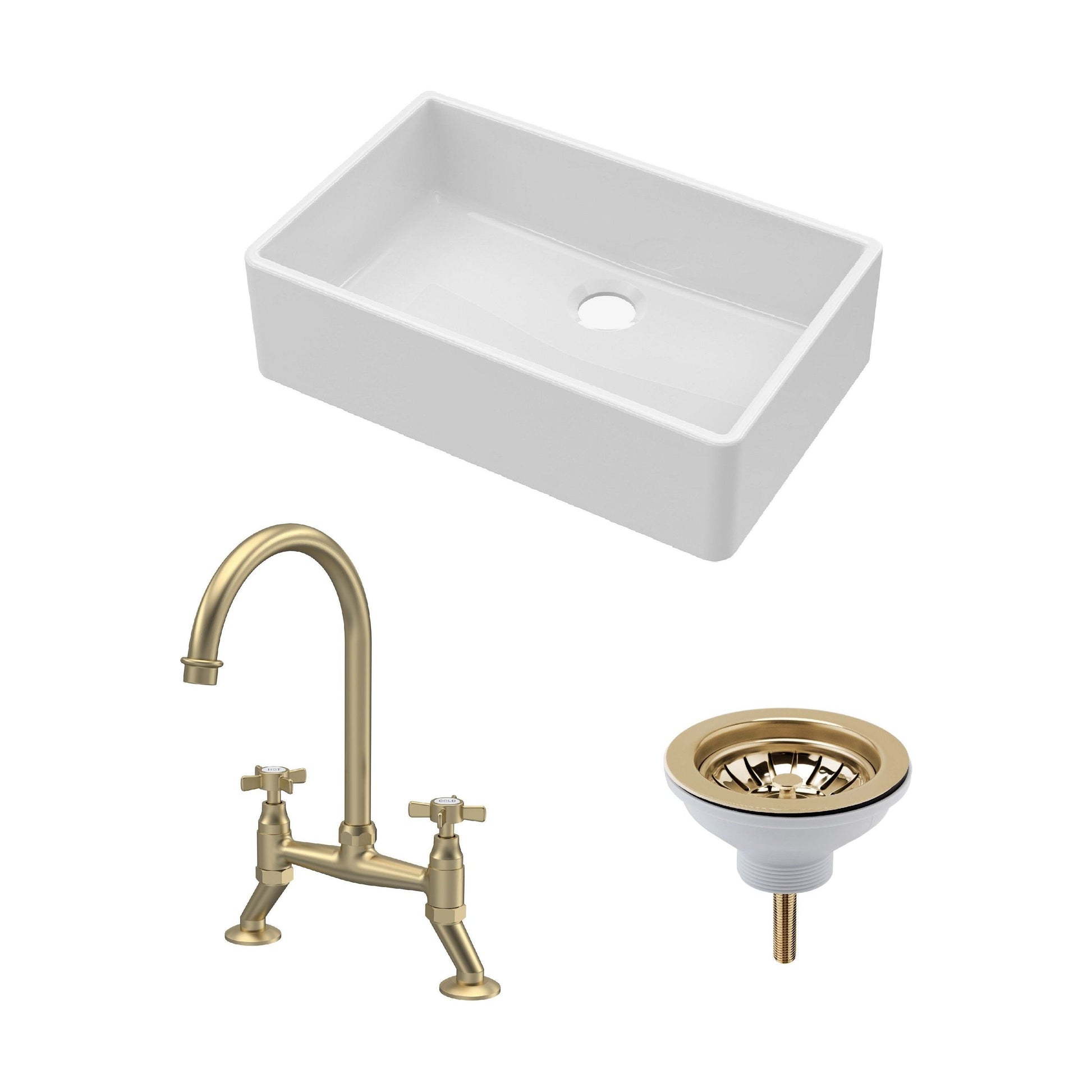 [BKS206WT14] Traditional Fireclay Kitchen Bundle: Single Bowl Butler Sink, Waste & Bridge Crosshead Mixer Tap, 795mm - Brushed Brass - Cutout