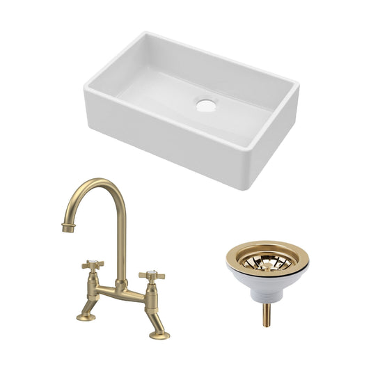[BKS206WT14] Traditional Fireclay Kitchen Bundle: Single Bowl Butler Sink, Waste & Bridge Crosshead Mixer Tap, 795mm - Brushed Brass - Cutout