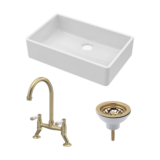 [BKS206WT15] Traditional Fireclay Kitchen Bundle: 1 Bowl Butler Sink, Waste & Bridge Lever Mixer Tap, 795mm - Brushed Brass - Cutout