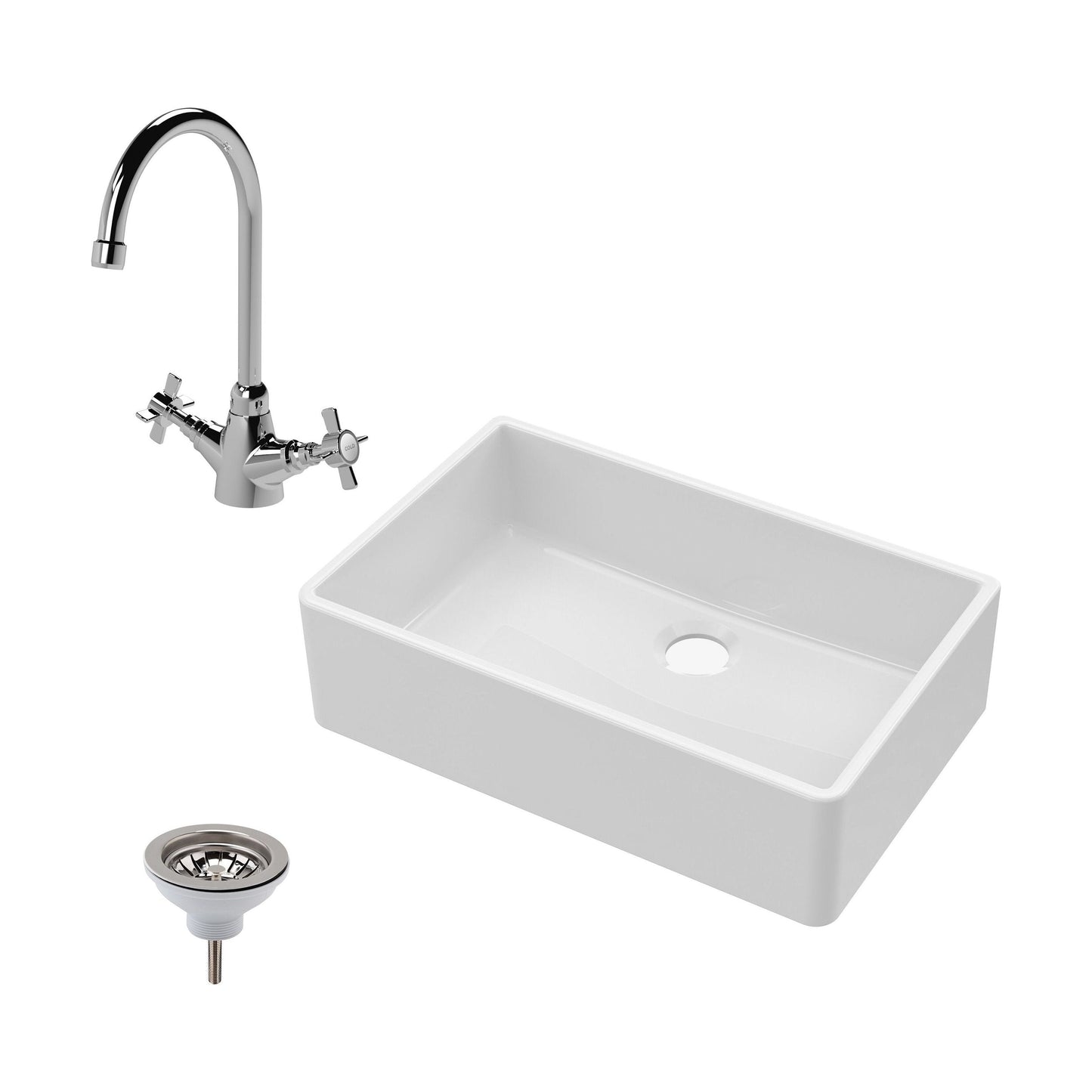 [BKS206WT2] Single Bowl Fireclay Ceramic Butler Kitchen Sink Bundle with Mono Sink Mixer Tap & Waste - Cutout