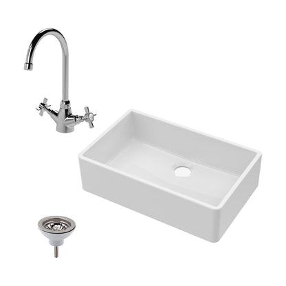 [BKS206WT2] Single Bowl Fireclay Ceramic Butler Kitchen Sink Bundle with Mono Sink Mixer Tap & Waste - Cutout