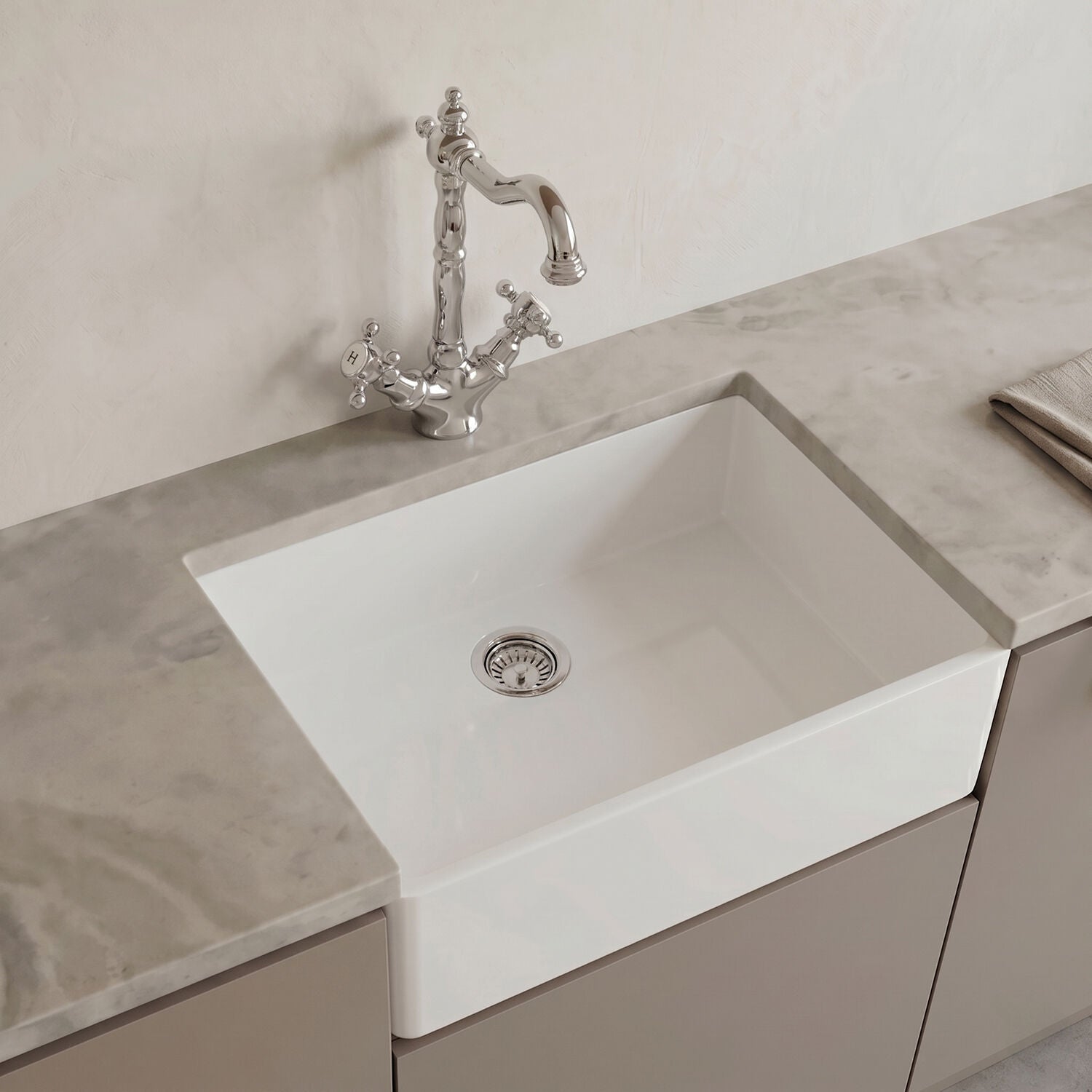[BKS206WT4] Traditional Single Bowl Fireclay Ceramic Butler Kitchen Sink Bundle with French Classic Tap & Waste - Chrome - Silo