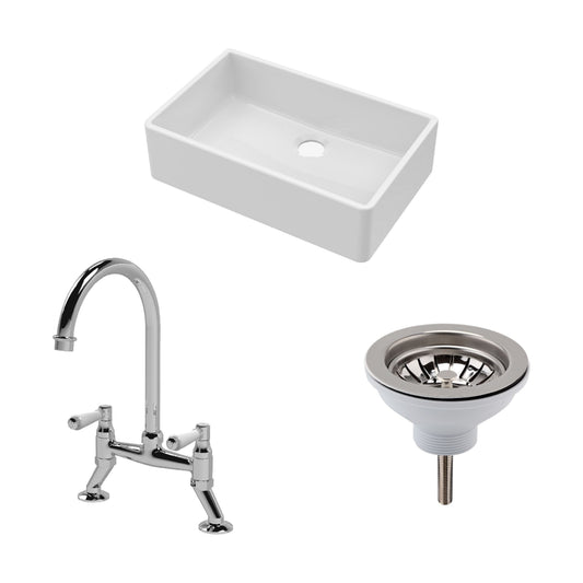 [BKS206WT5] Traditional Fireclay Kitchen Bundle: Single Bowl Butler Sink, Waste & Bridge Mixer Tap, 795mm - Chrome - Cutout