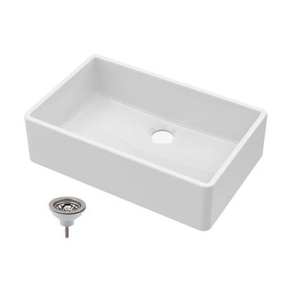 [BKS206W] Single Bowl Fireclay Ceramic Butler Kitchen Sink with Chrome Basket Strainer Waste - 795mm - Cutout