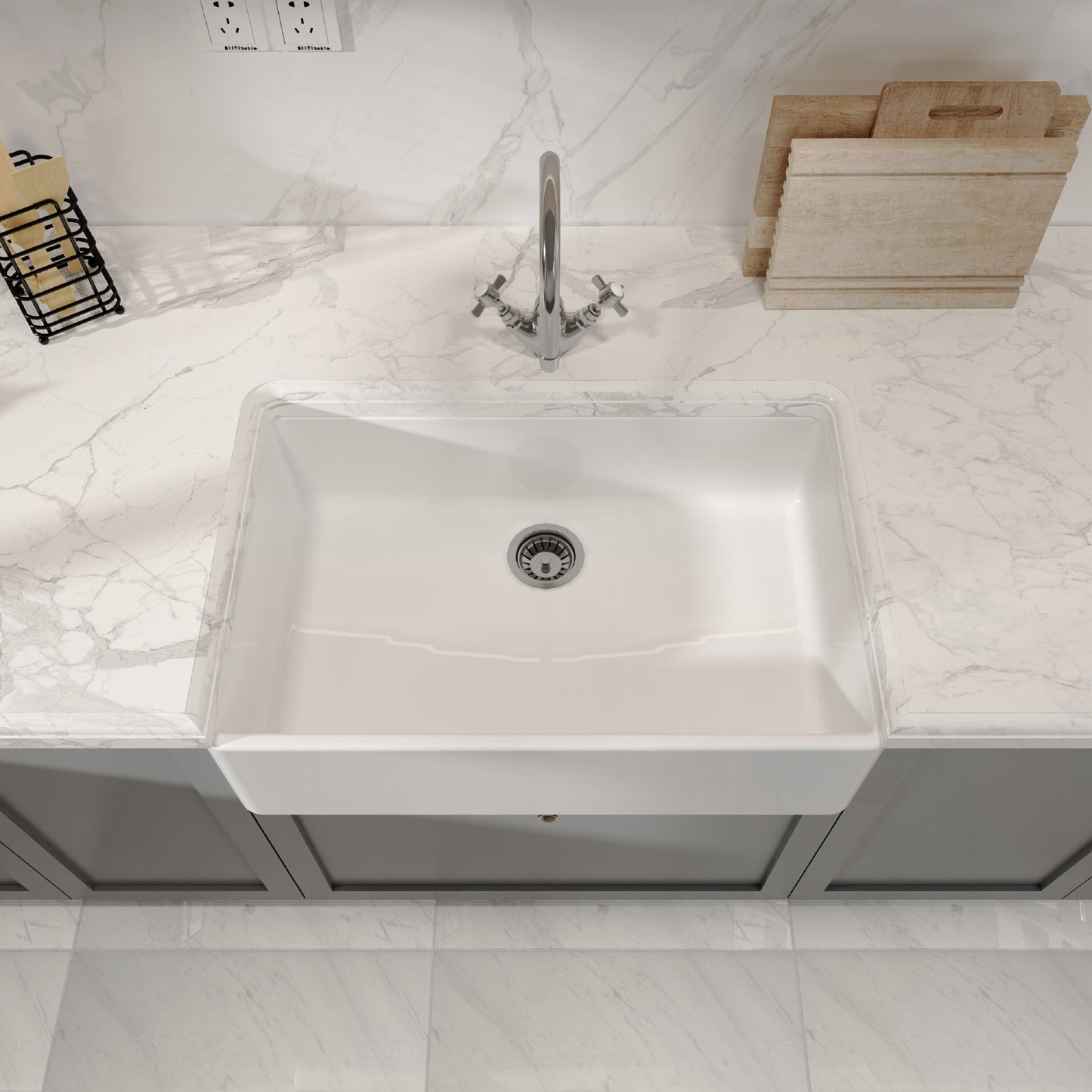 [BKS206] Single Bowl Fireclay Ceramic Butler Kitchen Sink with No Overflow & No Tap Hole - 795mm - Lifestyle 2