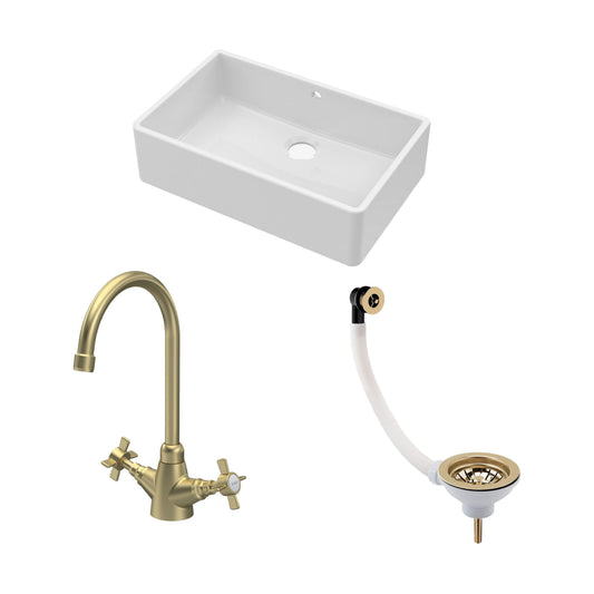 [BKS207WT11] Traditional Fireclay Kitchen Bundle: 1 Bowl Butler Sink with Overflow, Waste & Mono Crosshead Tap, 795mm - Brushed Brass - Cutout