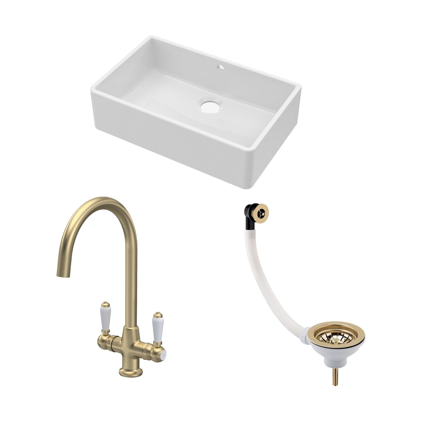 [BKS207WT12] Traditional Fireclay Kitchen Bundle: 1 Bowl Butler Sink with Overflow, Waste & Mono Lever Handle Tap, 795mm - Brushed Brass - Cutout