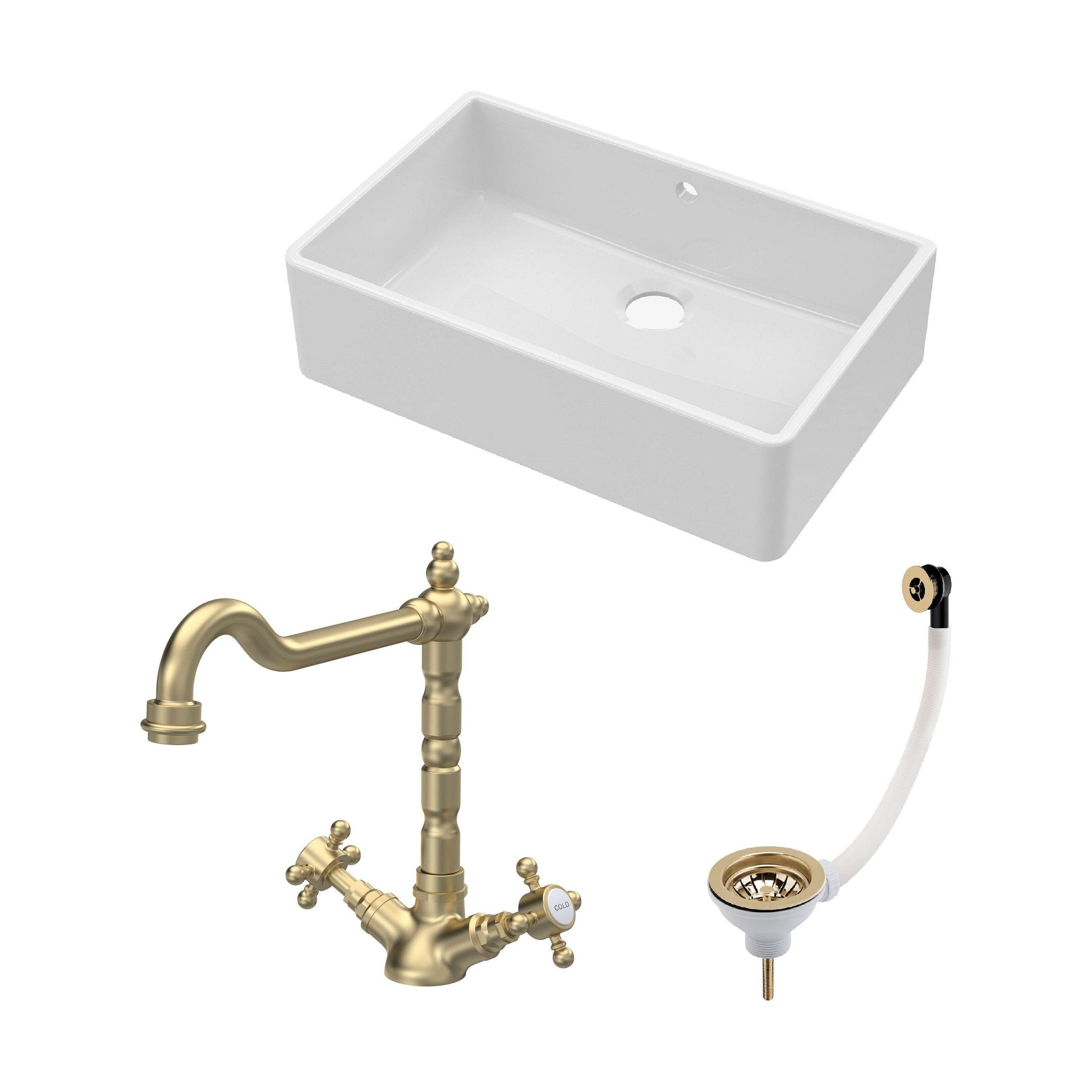 [BKS207WT13] Traditional Fireclay Kitchen Bundle: 1 Bowl Butler Sink with Overflow, Waste & Classic Mono Tap, 795mm - Brushed Brass - Cutout