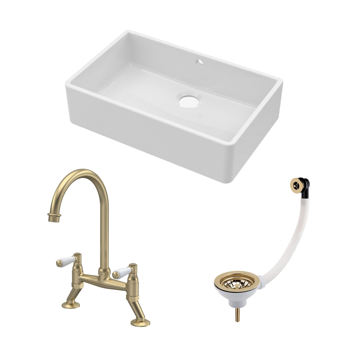 [BKS207WT15] Traditional Fireclay Kitchen Bundle: Single Bowl Butler Sink with Overflow, Waste & Bridge Lever Mixer Tap, 795mm - Brushed Brass - Cutout