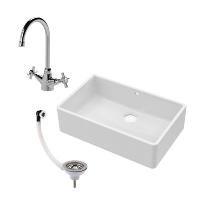 [BKS207WT2] Single Bowl Fireclay Ceramic Butler Kitchen Sink Bundle inc Mixer Tap, Overflow & Waste - Cutout