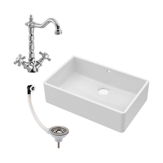 [BKS207WT4] Single Bowl Fireclay Butler Kitchen Sink Bundle inc French Classic Tap & Overflow - Cutout