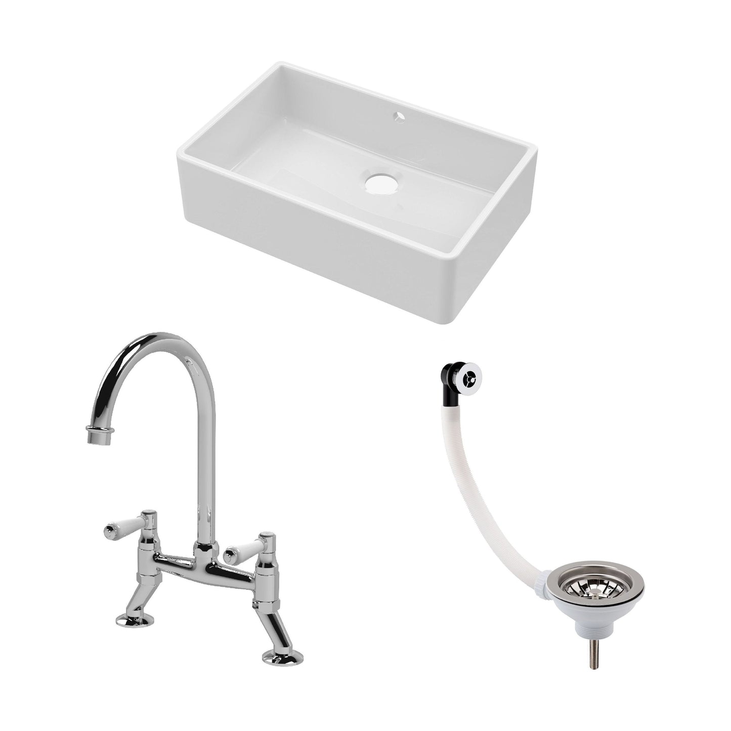 [BKS207WT5] Traditional Fireclay Kitchen Bundle: 1 Bowl Butler Sink with Overflow, Waste & Bridge Mixer Tap, 795mm - Chrome - Cutout