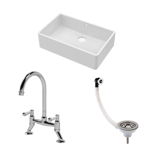 [BKS207WT5] Traditional Fireclay Kitchen Bundle: 1 Bowl Butler Sink with Overflow, Waste & Bridge Mixer Tap, 795mm - Chrome - Cutout