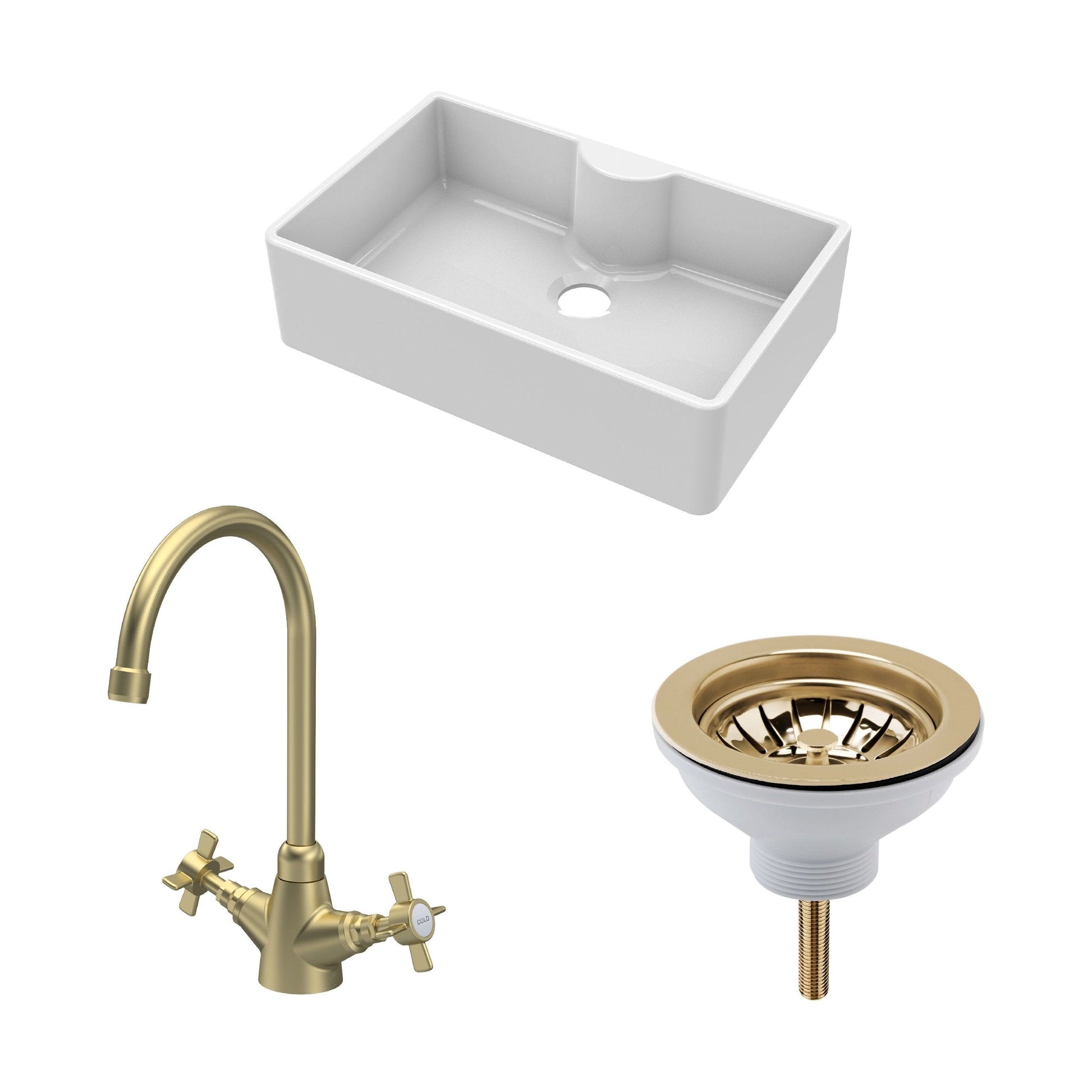 [BKS208WT11] Fireclay Kitchen Bundle - Single Bowl Butler Sink with Tap Ledge, Waste & Mono Tap, 795mm - Brushed Brass - Cutout
