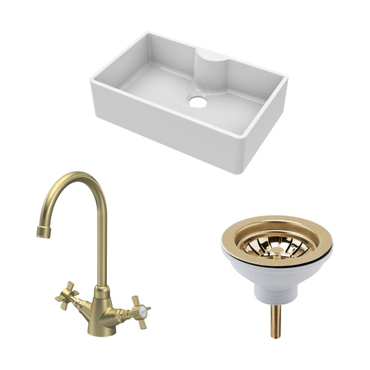 [BKS208WT11] Fireclay Kitchen Bundle - Single Bowl Butler Sink with Tap Ledge, Waste & Mono Tap, 795mm - Brushed Brass - Cutout
