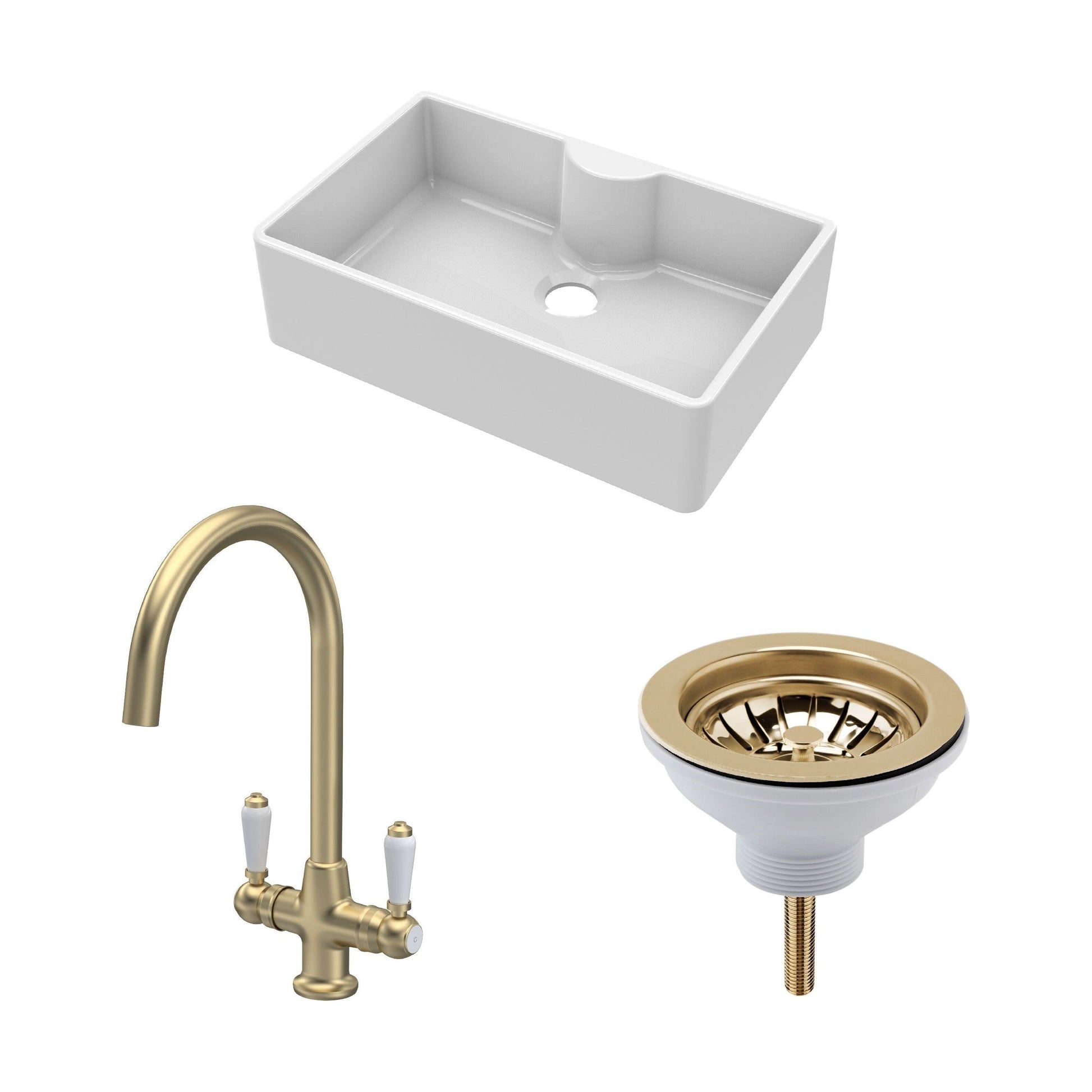 [BKS208WT12] Traditional Fireclay Kitchen Bundle: 1 Bowl Butler Sink with Tap Ledge, Waste & Mono Lever Tap, 795mm - Brushed Brass - Cutout