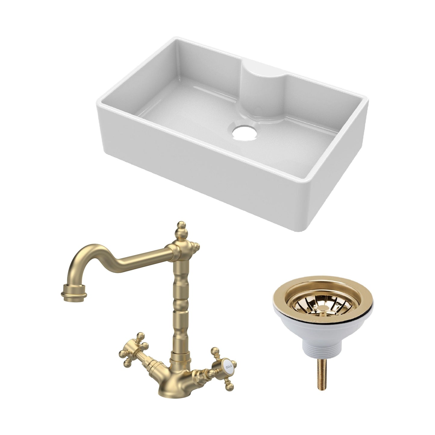 [BKS208WT13] Fireclay Kitchen Bundle - Single Bowl Butler Sink with Tap Ledge, Waste & Classic Tap, 795mm - Brushed Brass - Cutout
