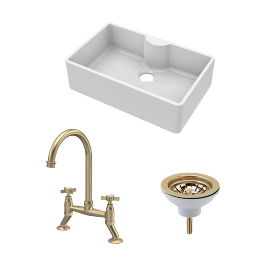 [BKS208WT14] Fireclay Kitchen Bundle - Single Bowl Butler Sink with Tap Ledge, Waste & Bridge Tap, 795mm - Brushed Brass - Cutout