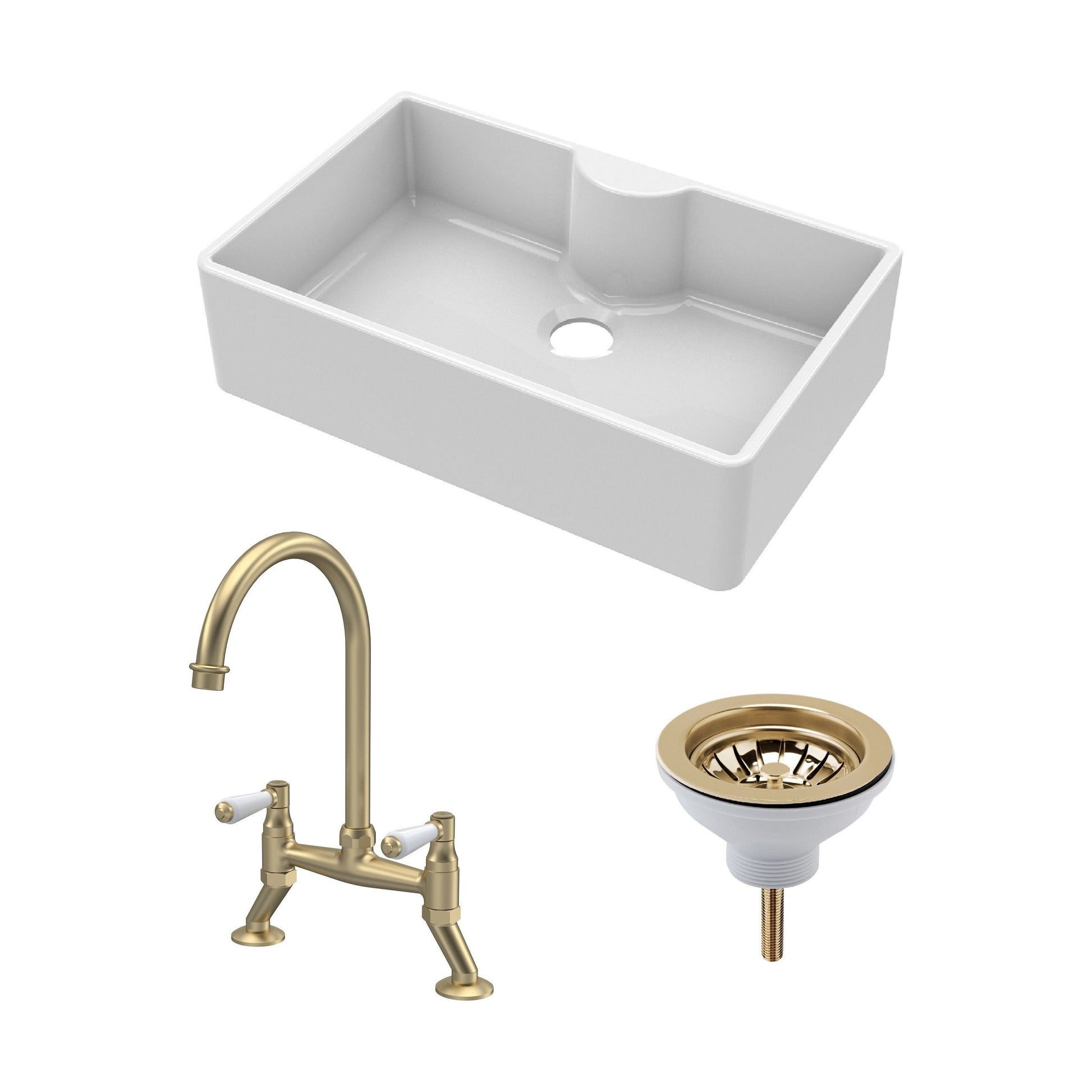 [BKS208WT15] Fireclay Kitchen Bundle - Single Bowl Butler Sink with Tap Ledge, Waste & Lever Tap, 795mm - Brushed Brass - Cutout