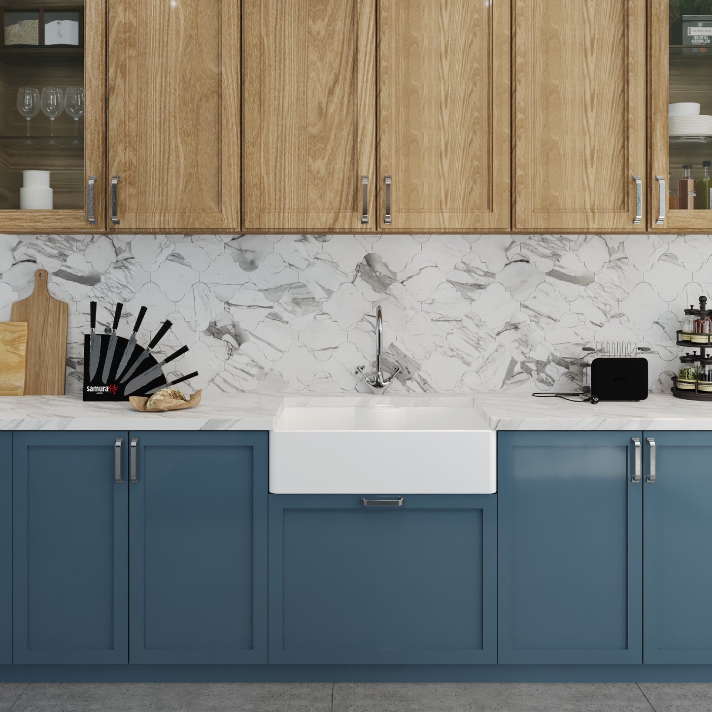 [BKS208WT2] Single Bowl Fireclay Ceramic Butler Kitchen Sink Bundle with Mono Mixer Tap, Tap Ledge & Waste - Lifestyle 1
