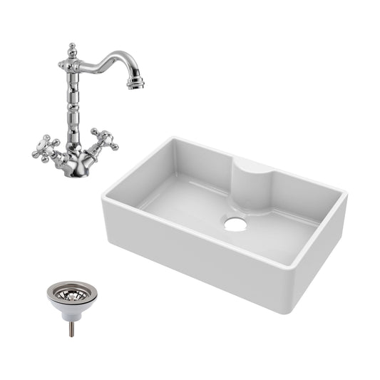 [BKS208WT4] Single Bowl Fireclay Ceramic Butler Kitchen Sink Bundle with a Classic Tap, Tap Ledge & Waste - Cutout