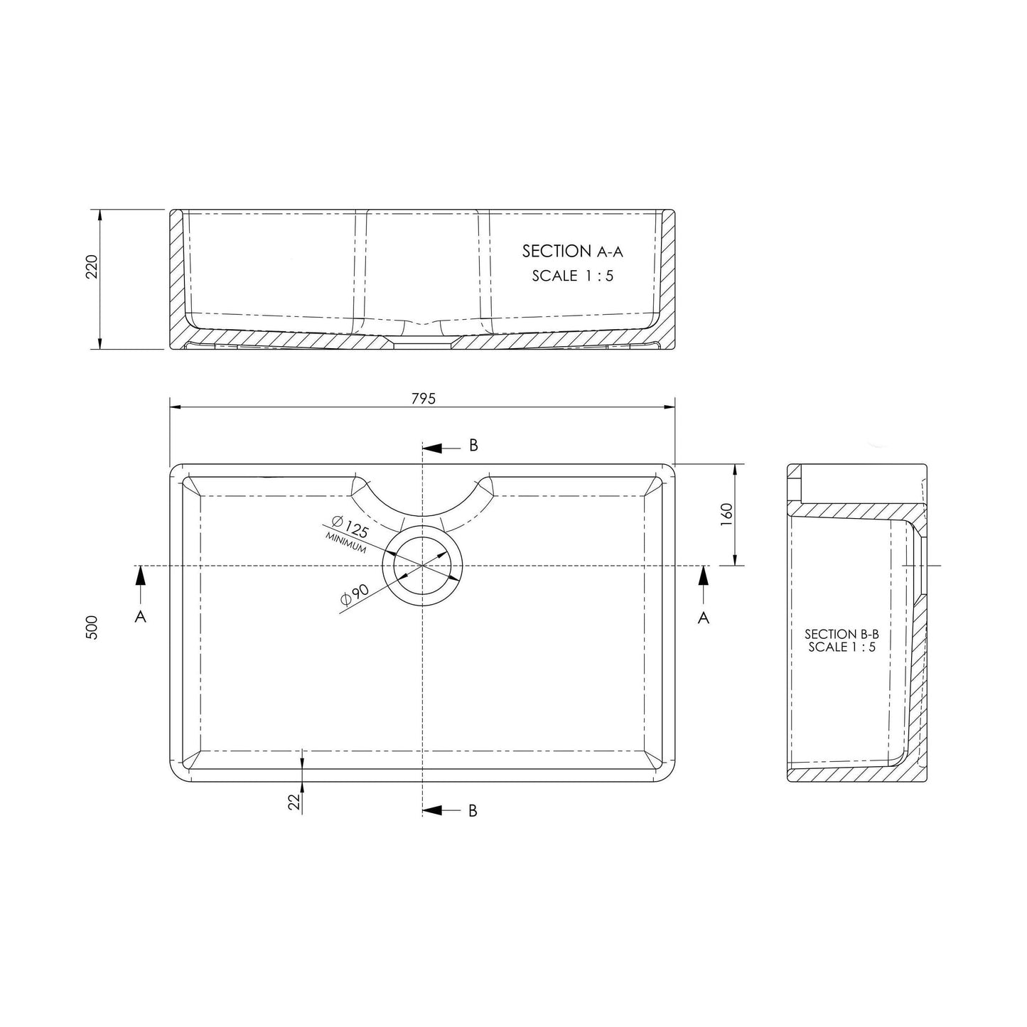 [BKS208] Single Bowl Fireclay Ceramic Butler Kitchen Sink - Variety of Sizes and Features Available - Technical Drawing