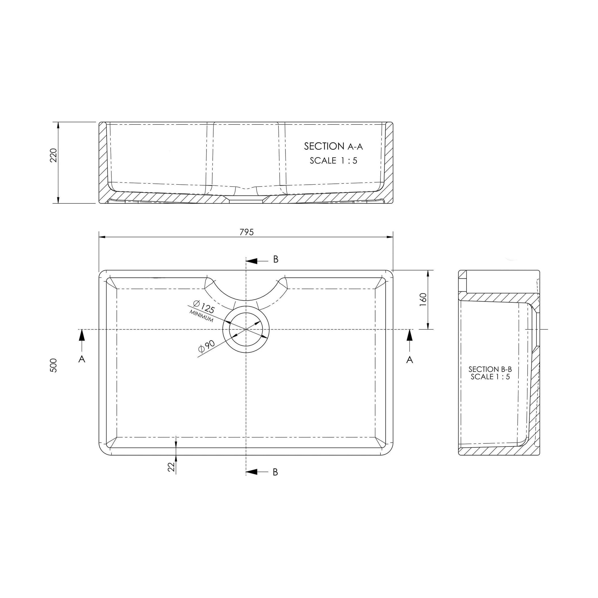 [BKS208] Single Bowl Fireclay Ceramic Butler Kitchen Sink - Variety of Sizes and Features Available - Technical Drawing