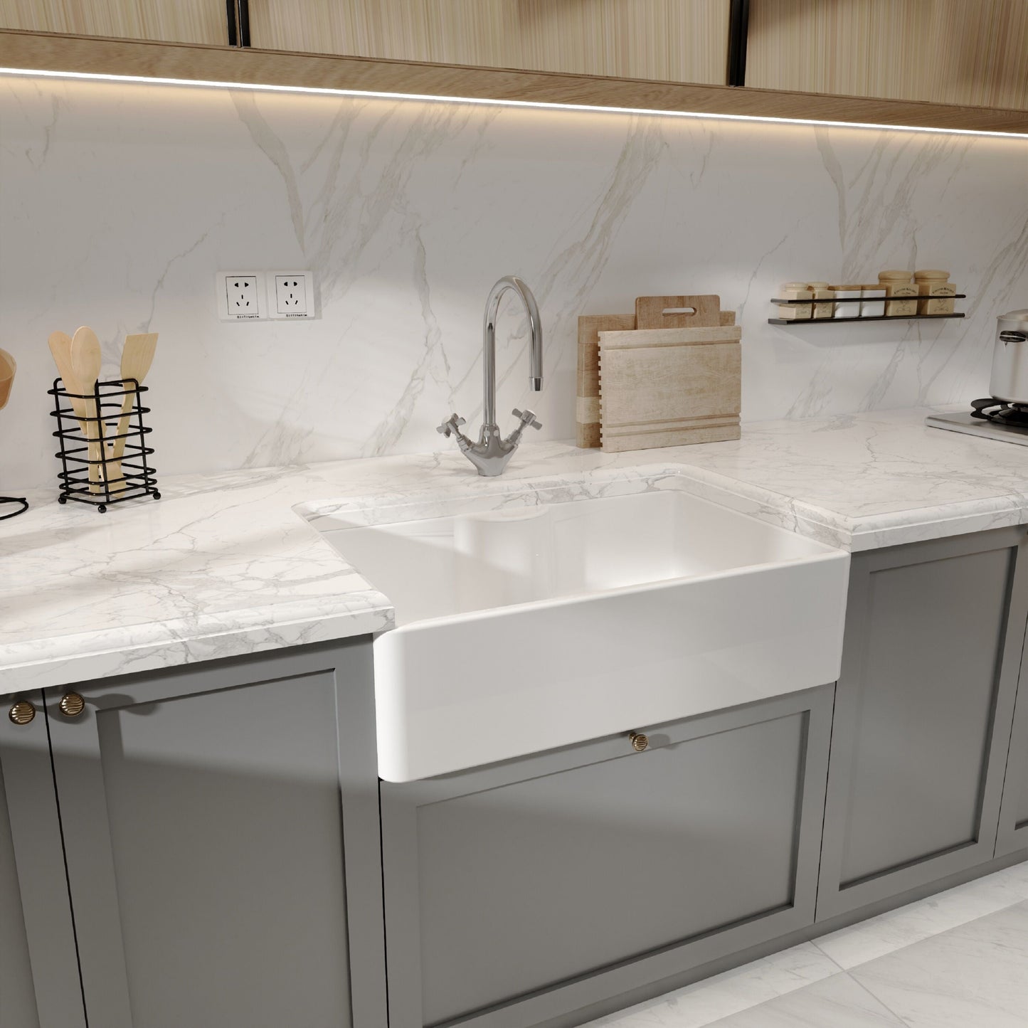 [BKS208] Single Bowl Fireclay Ceramic Butler Kitchen Sink - Variety of Sizes and Features Available - Lifestyle 3