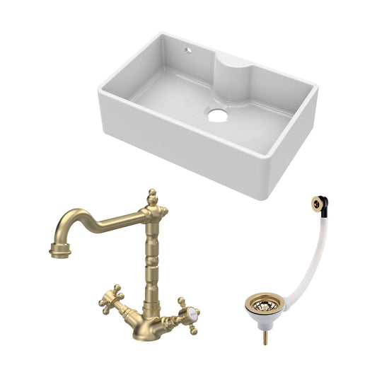 [BKS209WT13] Traditional Fireclay Kitchen Bundle: 1 Bowl Butler Sink with Overflow & Ledge, Waste & Classic Tap, 795mm - Brushed Brass - Cutout