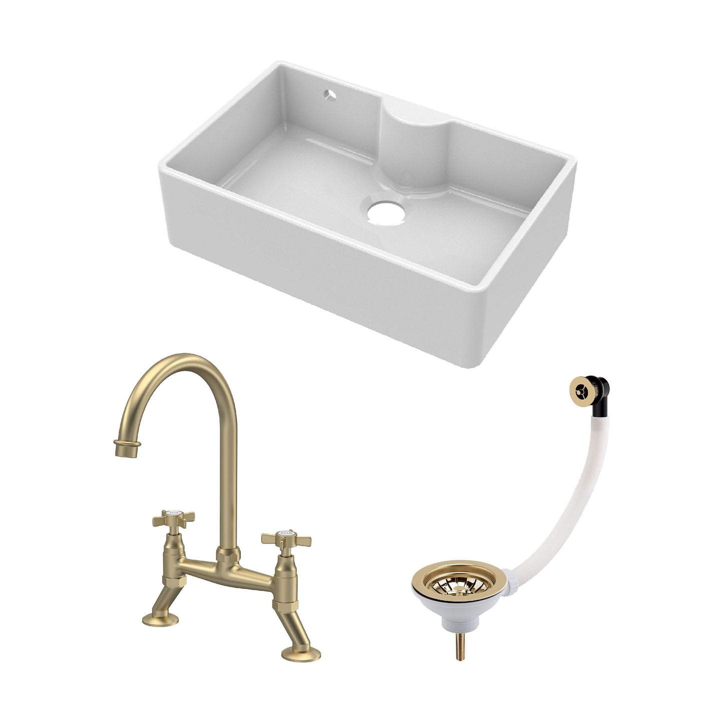 [BKS209WT14] Traditional Fireclay Kitchen Bundle: 1 Bowl Butler Sink with Overflow & Ledge, Waste & Bridge Tap, 795mm - Brushed Brass - Cutout